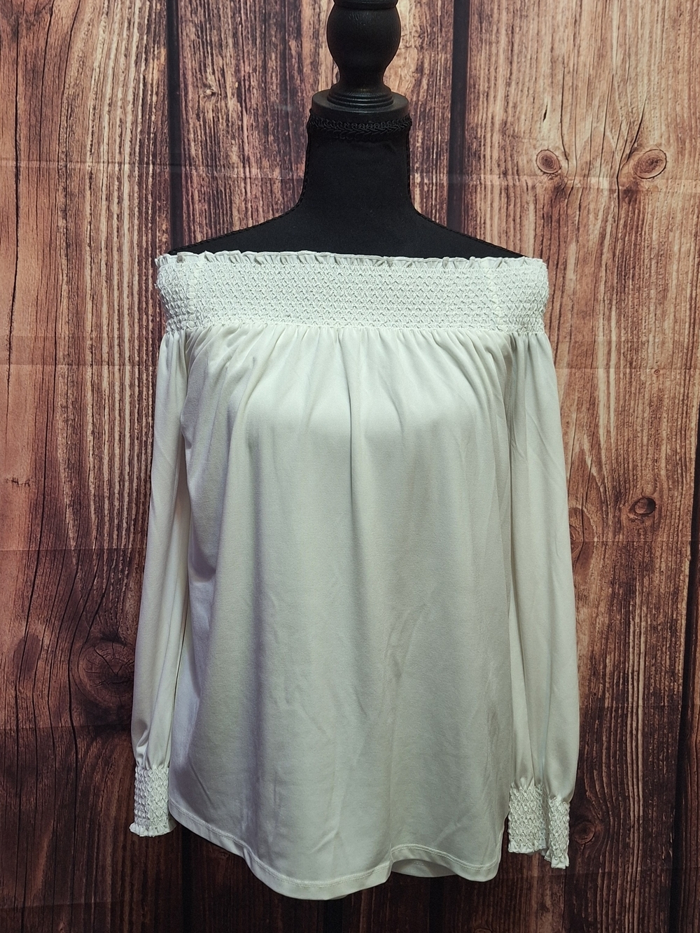 Calvin Klein White Off-Shoulder Smocked Long Sleeve Top Size Small